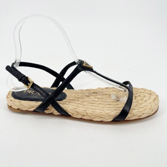 NWOB Prada Black Leather Triangle Logo Plaque Raffia Strappy Flat Sandal IT 39 - Picture 3 of 11